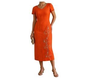 Vintage D Morgan Orange Beaded Linen Rayon Midi Dress Evening Dress Size 12